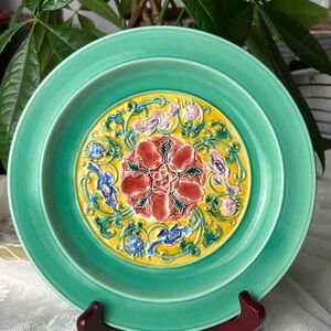 Vintage Chinese Hand Painted Blue Multi Color Royal Enamel Plate With Stand